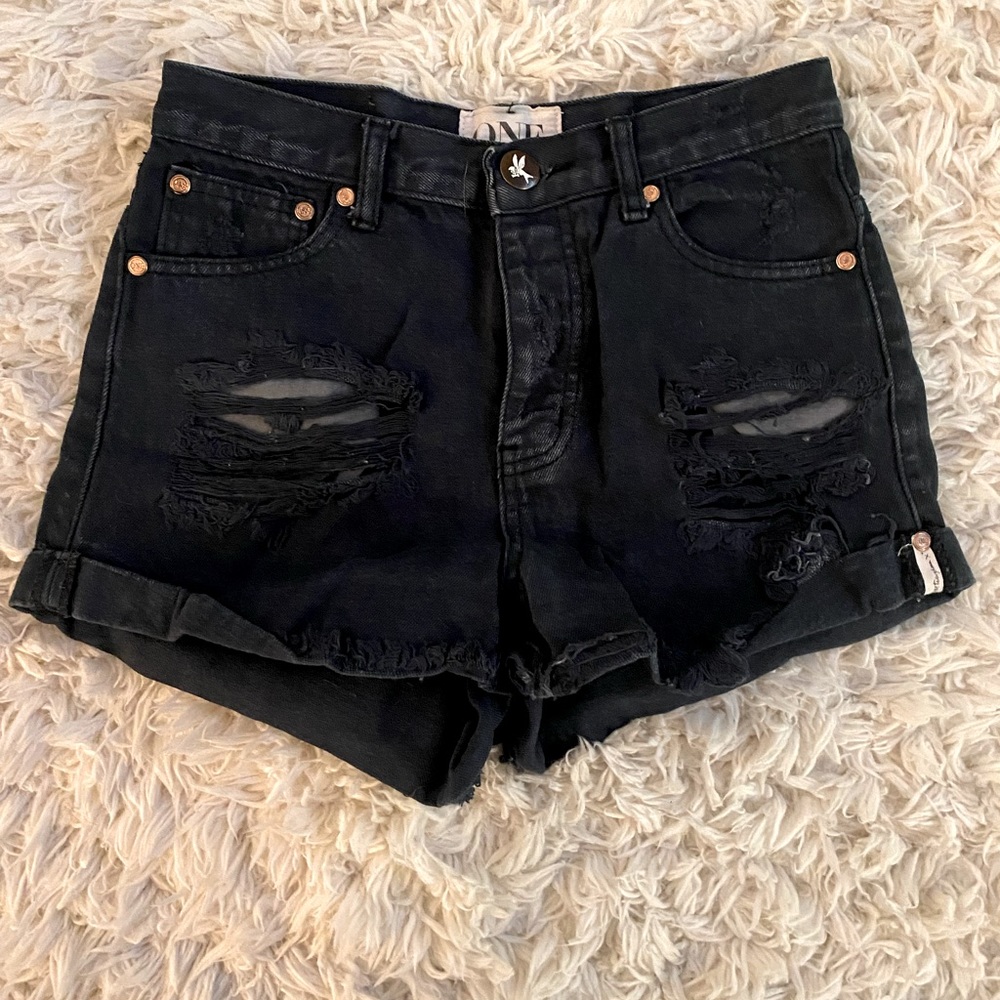 One Teaspoon Distressed Relaxed Fit High Rise Twisted Cuff Hem Shorts